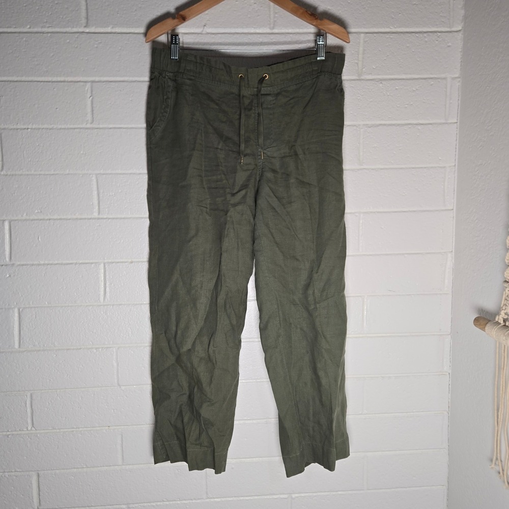 Vtg L.L. Bean Favorite Fit Linen Pants 12 Olive Green Drawstring Hippie Resort
